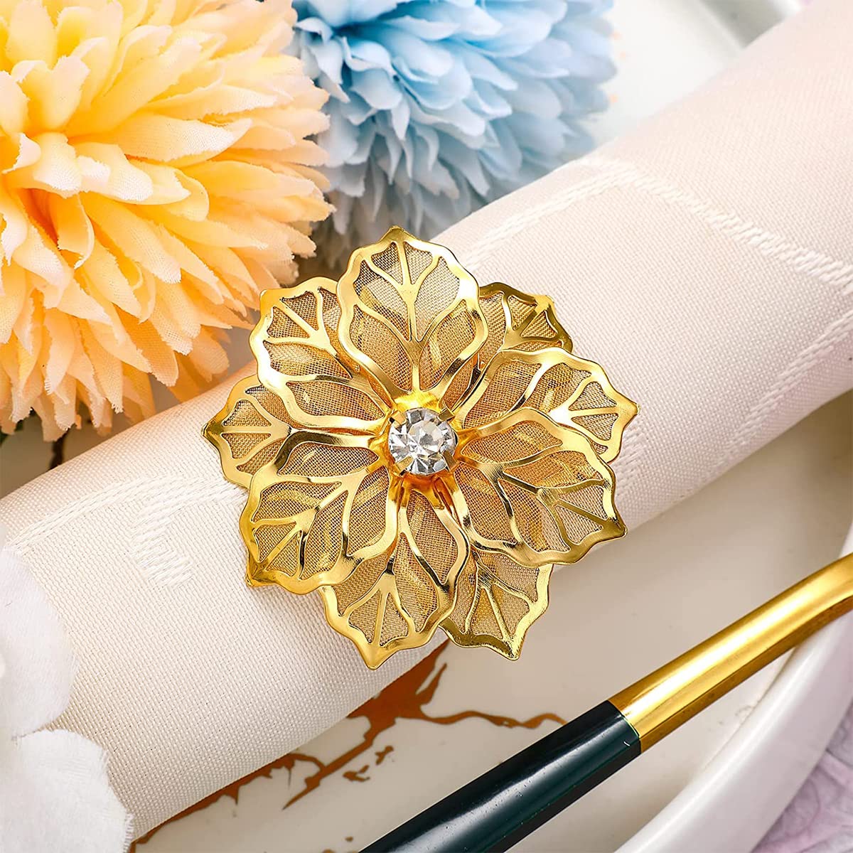 HASTHIP 6 Pcs Napkin Rings for Dinners Table Flower Rhinestone Metal Gold Napkin Holder Table Napkin Rings for Parties Wedding Everyday Dinner Decor HASTHIP 6 Pcs Napkin Rings for Dinners Table Flower Rhinestone Metal Gold Napkin Holder Table Napkin Rings for Parties Wedding Everyday Dinner Decor